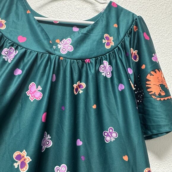 Anthony Richards 1X Colorful Teal Cat Print House Dress MuuMuu Butterfly Lounge - Picture 4 of 5